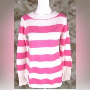 LOFT Women's Sweater in Pink and White Stripes